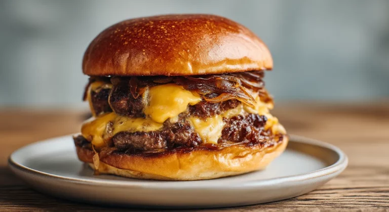 Oklahoma Onion Burger mit Käse und karamellisierten Zwiebel im Brioche Bun