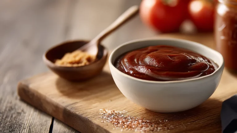 Selbstgemachte BBQ-Sauce in weißer Schüssel vor Tomaten und einer kleinen Schüssel brauner Zucker.