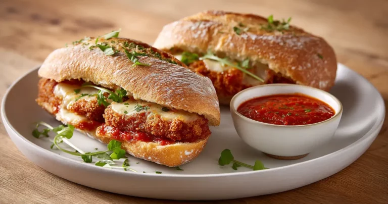 Chicken Parmesan Sandwich auf einem weißen Teller mit einer kleinen Schüssel Tomaten Sauce