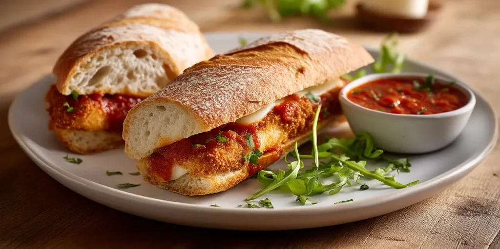 Chicken Parmesan Sandwich auf einem weißen Teller mit einer kleinen Schüssel Tomaten Sauce