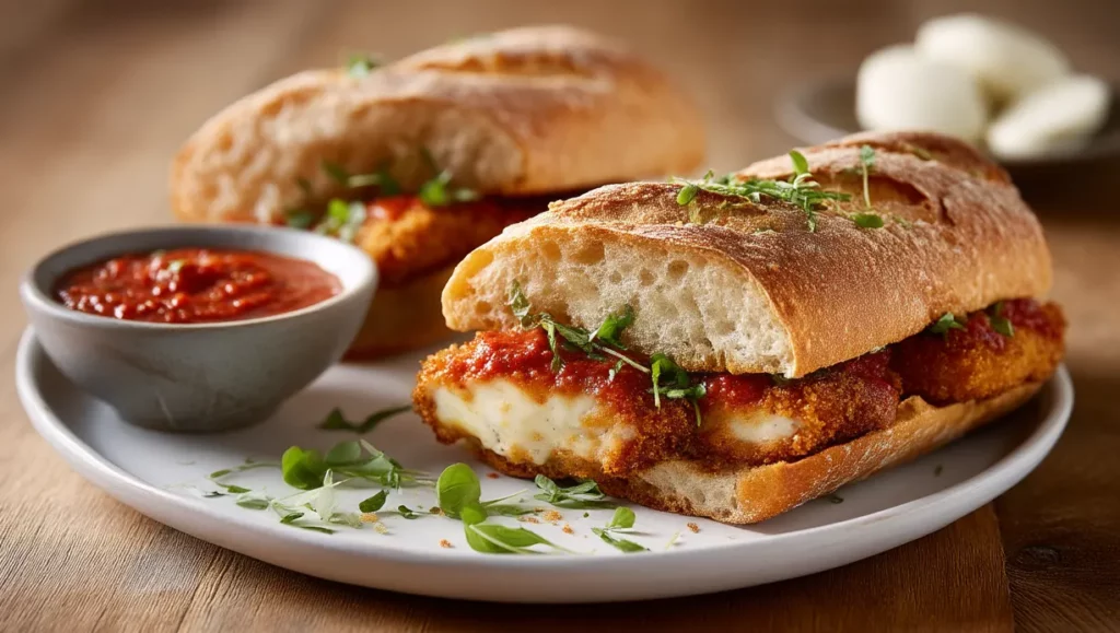 Chicken Parmesan Sandwich auf einem weißen Teller mit einer kleinen Schüssel Tomaten Sauce