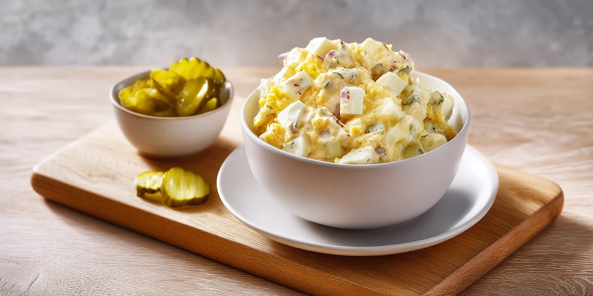 Cremiger Eiersalat mit Gewürzfurken in weißer Schüssel
