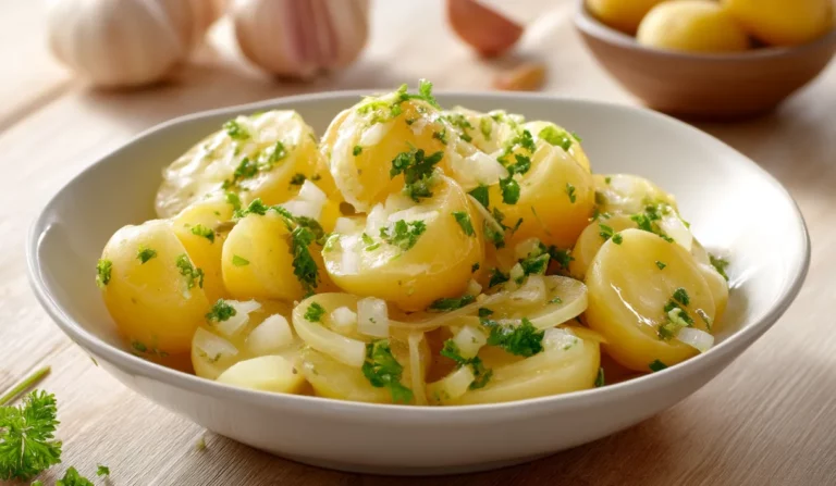 Kartoffelsalat mit Brühe in Schüssel serviert