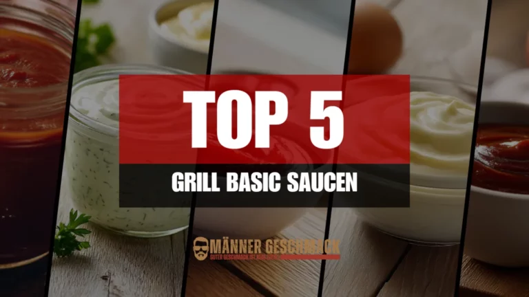 Arrangement aller 5 Basic Grill Saucen in kleinen Schälchen auf Holzbrett mit Grillzubehör im Hintergrund